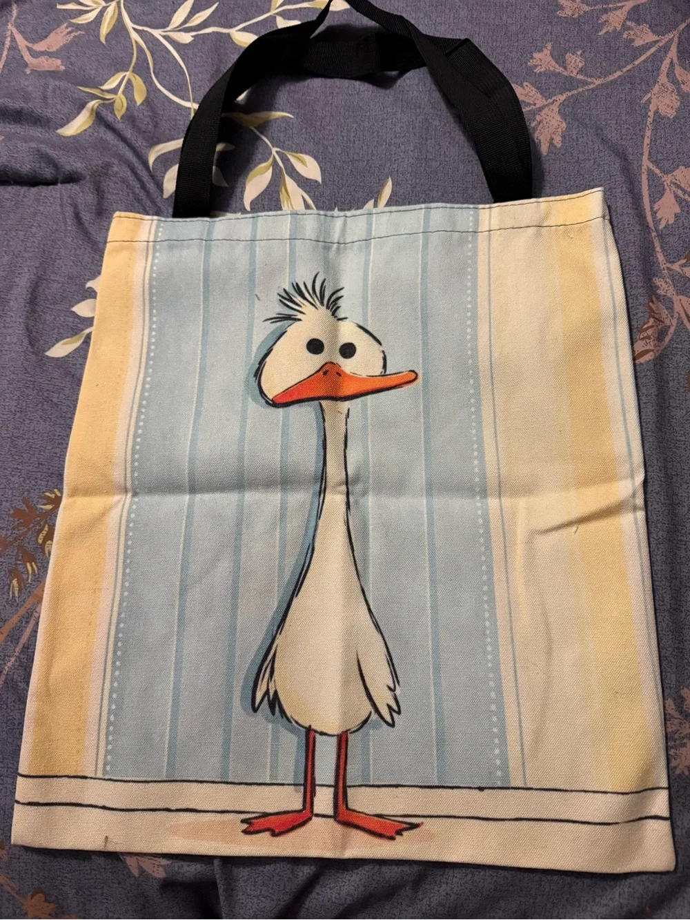 Canvas Duck Print Tote Bag in Yellow & Light Blue